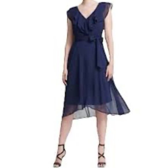 DKNY Dress Navy Blue 6 Short Sleeve W Belt Flowy Career Church Wedding Date - Picture 4 of 10